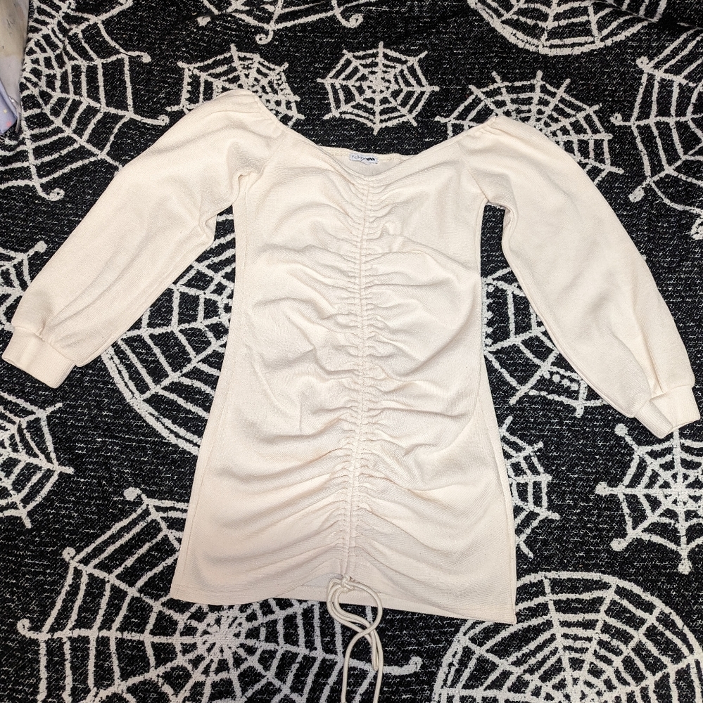 Fashion nova cream body con ruched off the shoulder dress.